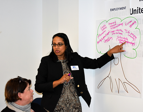 Trident United Way Vice President of Community Impact Amanda Lawrene brainstorms with the group while identifying positive outcomes of the desired state of employment in the Tri-County.