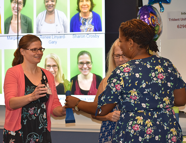 Virginia Vedilago (PASOs) receives her thank you as a Co-Chair, as Kellye McKenzie praised and thanked all of the Co-Chairs for the work and commitment