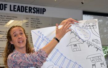 Attendees of Healthy Tri-County's Conversation on Race and Health Equity broke into groups and drew representations of social determinants and equity. Christina Holtz-Crosby of PASOs shares her groups drawing. 